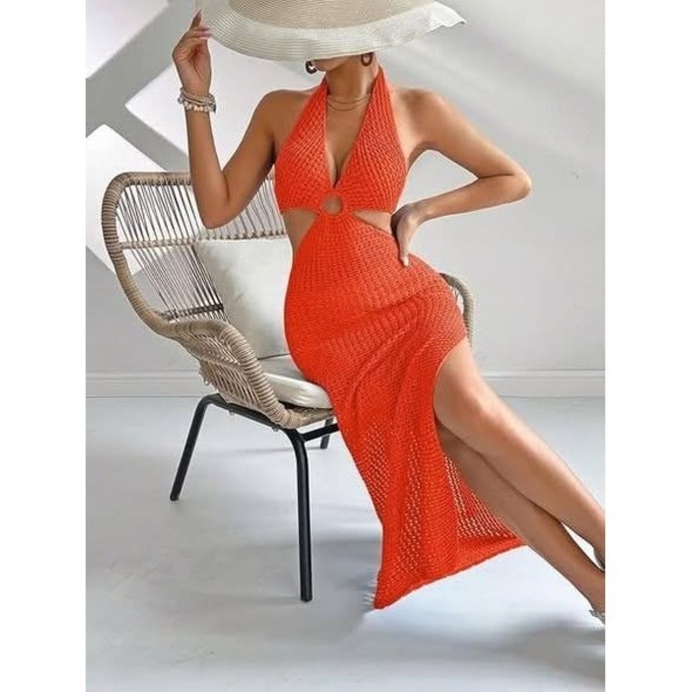 CORAL Crochet Halter Neck Cutout Maxi Dress Side Slit Vacation Resort MEDIUM